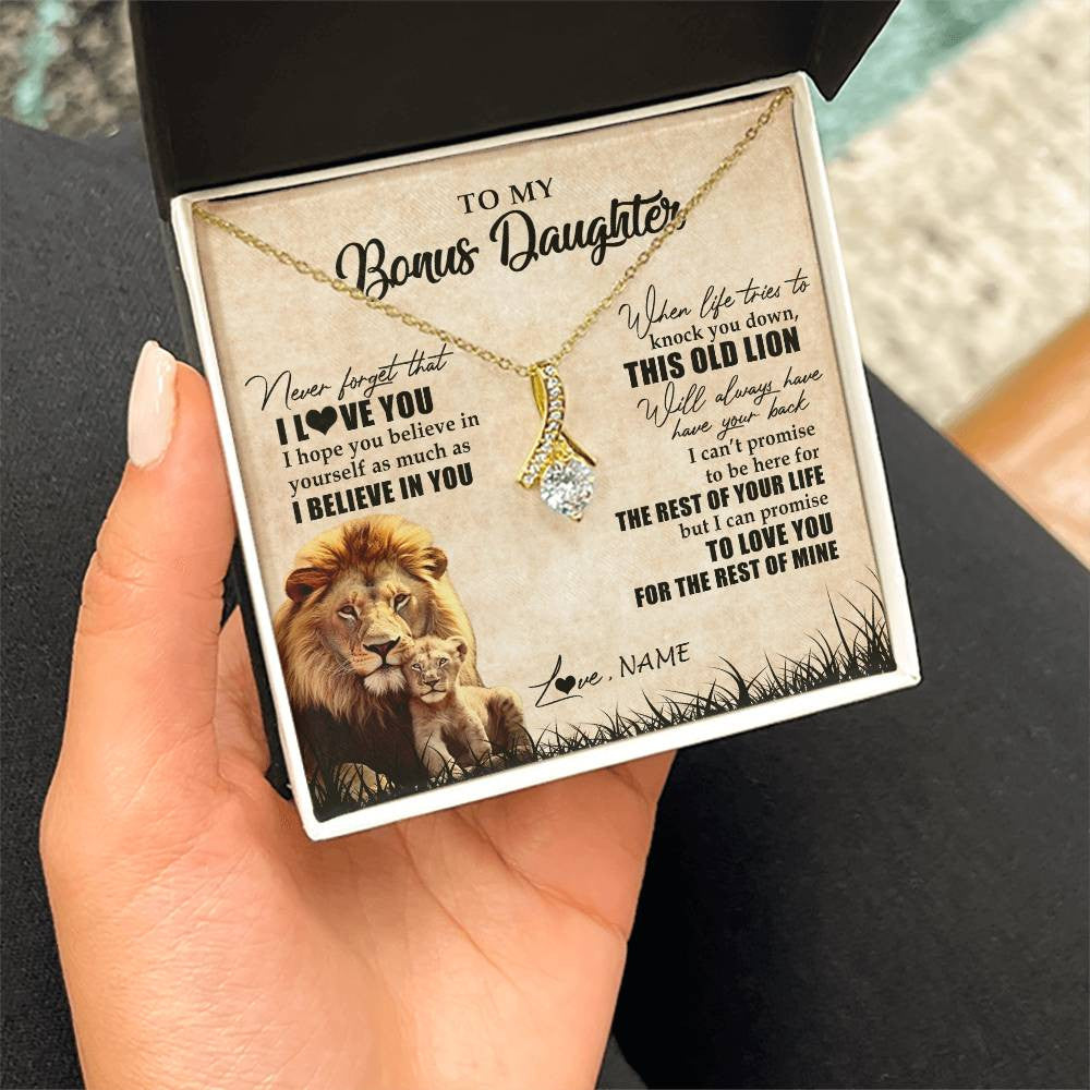 Alluring Beauty Necklace 18K Yellow Gold Finish | Personalized To My Bonus Daughter Gifts Necklace From Bonus Dad Old Lion Stepdaughter Jewelry Birthday Graduation Christmas Customized Gift Box Message Card | teecentury