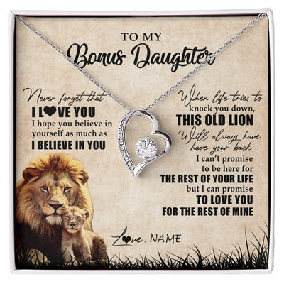 Forever Love Necklace 14K White Gold Finish | Personalized To My Bonus Daughter Gifts Necklace From Bonus Dad Old Lion Stepdaughter Jewelry Birthday Graduation Christmas Customized Gift Box Message Card | teecentury