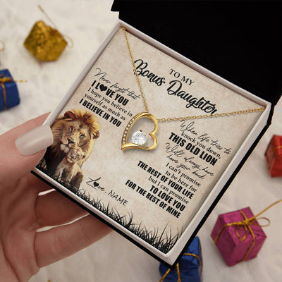 Forever Love Necklace 18K Yellow Gold Finish | Personalized To My Bonus Daughter Gifts Necklace From Bonus Dad Old Lion Stepdaughter Jewelry Birthday Graduation Christmas Customized Gift Box Message Card | teecentury