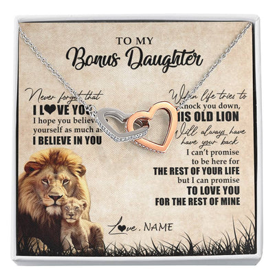 Interlocking Hearts Necklace Stainless Steel & Rose Gold Finish | Personalized To My Bonus Daughter Gifts Necklace From Bonus Dad Old Lion Stepdaughter Jewelry Birthday Graduation Christmas Customized Gift Box Message Card | teecentury