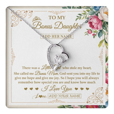 Forever Love Necklace 14K White Gold Finish | 1 | Personalized To My Bonus Daughter Gifts Necklace From Bonus Mom Filled With My Love Stepdaughter Birthday Gifts Wedding Christmas Custom Gift Box Message Card | https://teecentury.