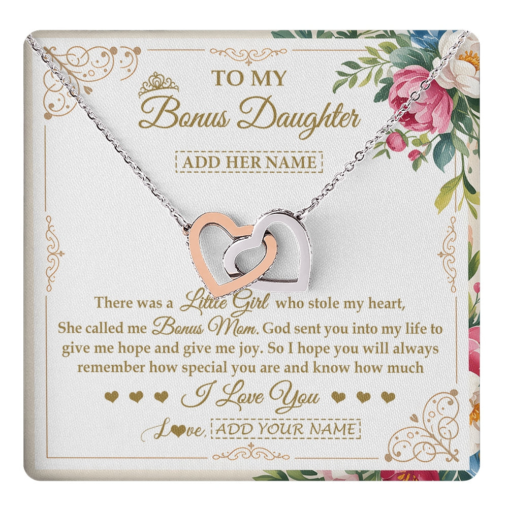 Interlocking Hearts Necklace Stainless Steel & Rose Gold Finish | 1 | Personalized To My Bonus Daughter Gifts Necklace From Bonus Mom Filled With My Love Stepdaughter Birthday Gifts Wedding Christmas Custom Gift Box Message Card | https://teecentury.