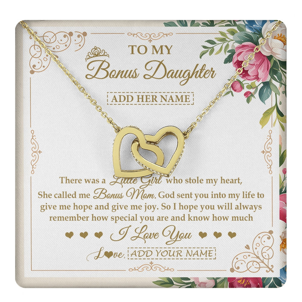 Interlocking Hearts Necklace 18K Yellow Gold Finish | 1 | Personalized To My Bonus Daughter Gifts Necklace From Bonus Mom Filled With My Love Stepdaughter Birthday Gifts Wedding Christmas Custom Gift Box Message Card | https://teecentury.