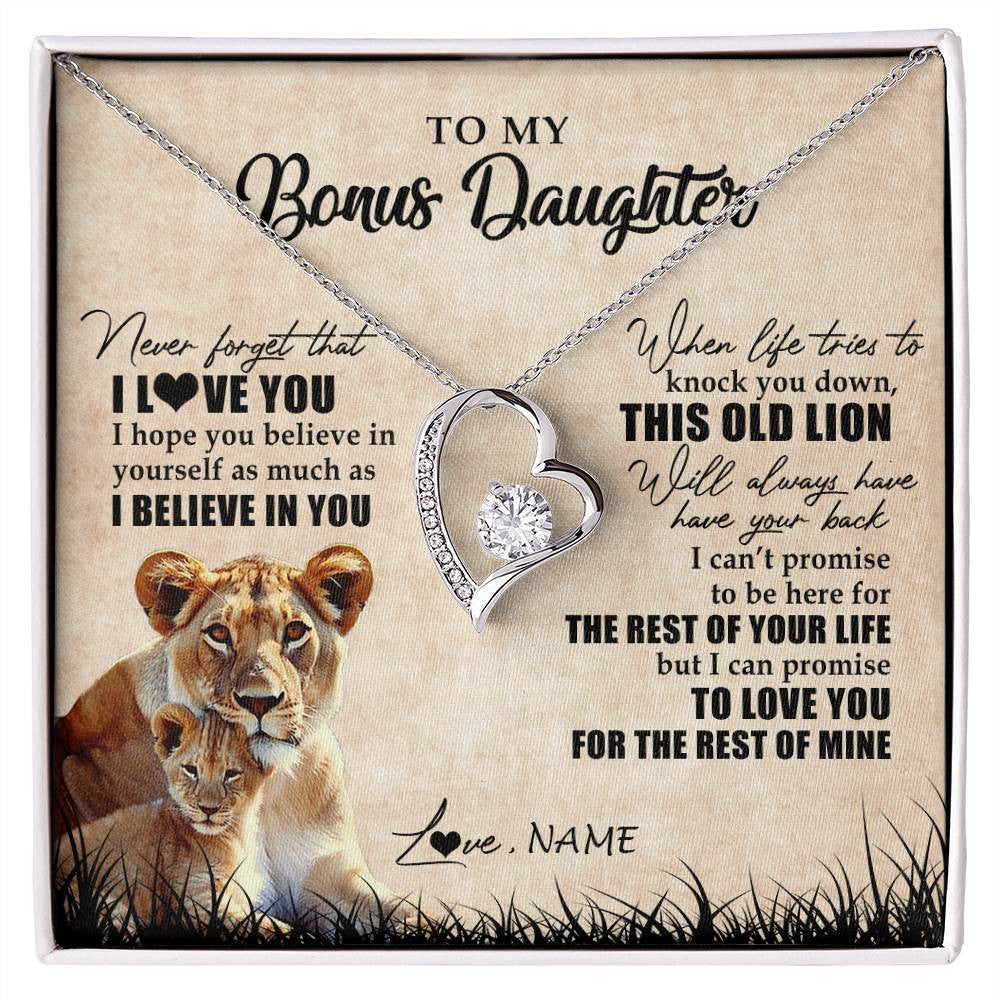 Forever Love Necklace 14K White Gold Finish | Personalized To My Bonus Daughter Gifts Necklace From Bonus Mom Old Lion Stepdaughter Jewelry Birthday Graduation Christmas Customized Gift Box Message Card | teecentury
