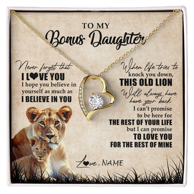 Forever Love Necklace 18K Yellow Gold Finish | Personalized To My Bonus Daughter Gifts Necklace From Bonus Mom Old Lion Stepdaughter Jewelry Birthday Graduation Christmas Customized Gift Box Message Card | teecentury