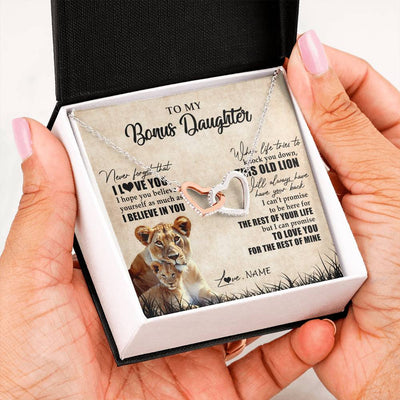 Interlocking Hearts Necklace Stainless Steel & Rose Gold Finish | Personalized To My Bonus Daughter Gifts Necklace From Bonus Mom Old Lion Stepdaughter Jewelry Birthday Graduation Christmas Customized Gift Box Message Card | teecentury