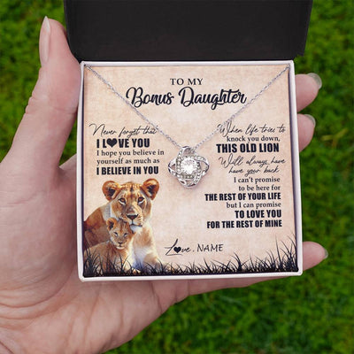 Love Knot Necklace 14K White Gold Finish | Personalized To My Bonus Daughter Gifts Necklace From Bonus Mom Old Lion Stepdaughter Jewelry Birthday Graduation Christmas Customized Gift Box Message Card | teecentury
