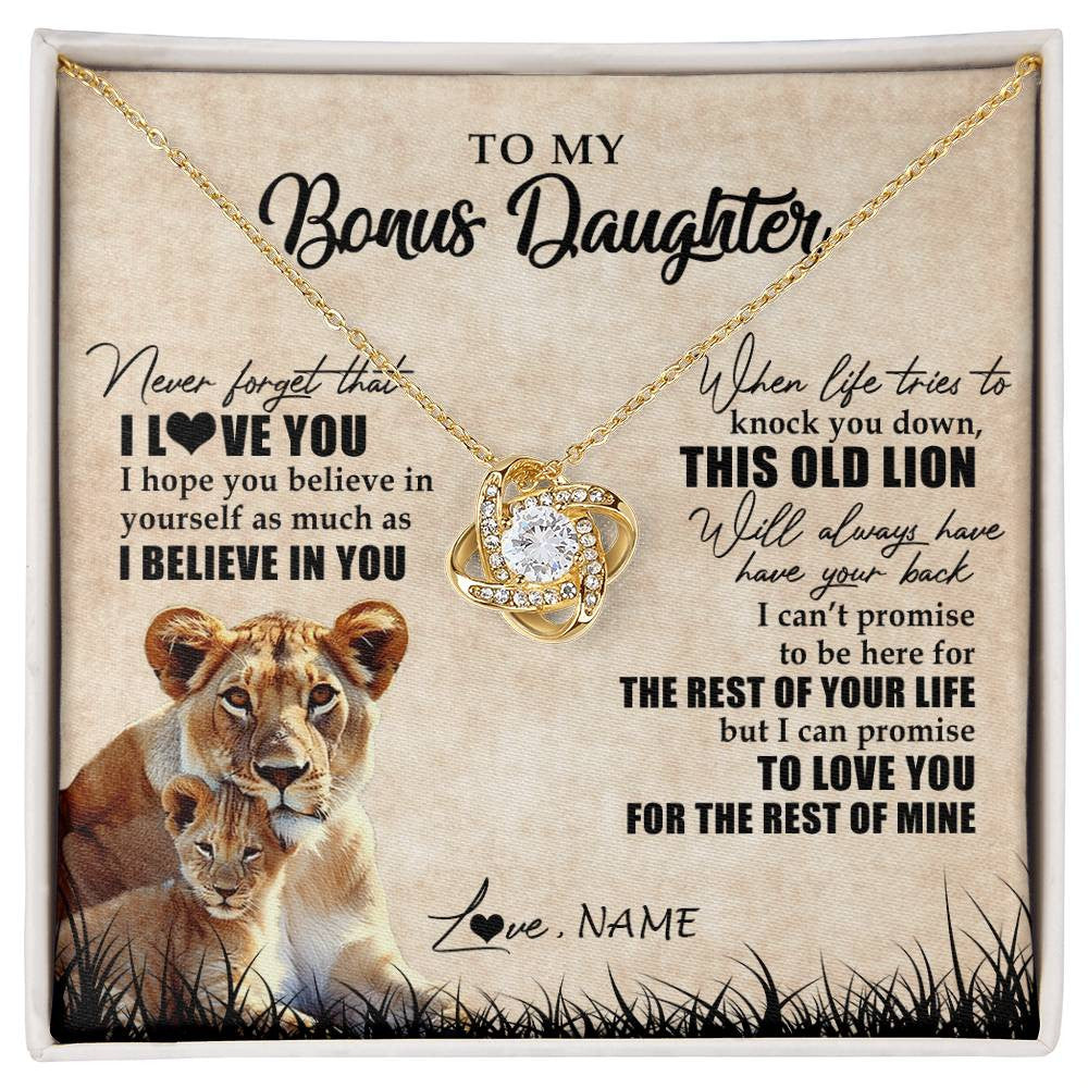 Love Knot Necklace 18K Yellow Gold Finish | Personalized To My Bonus Daughter Gifts Necklace From Bonus Mom Old Lion Stepdaughter Jewelry Birthday Graduation Christmas Customized Gift Box Message Card | teecentury