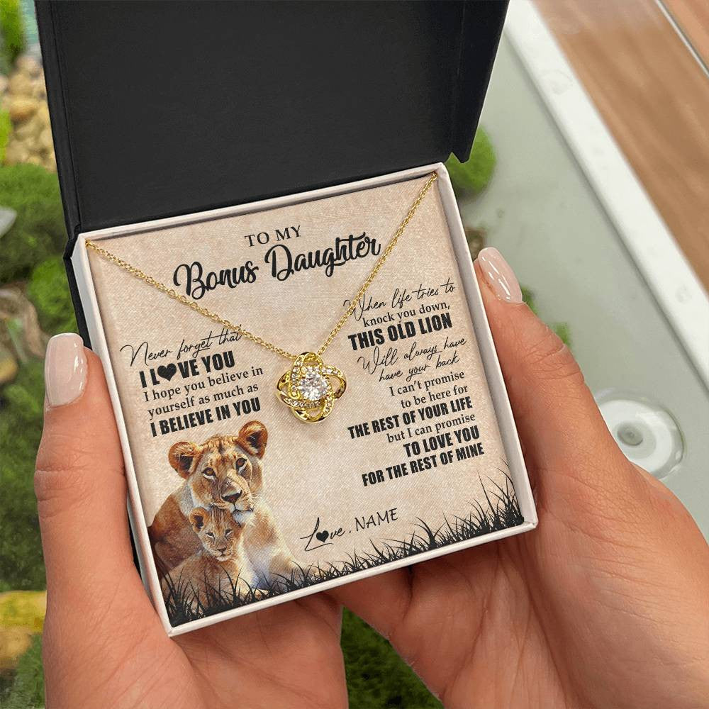 Love Knot Necklace 18K Yellow Gold Finish | Personalized To My Bonus Daughter Gifts Necklace From Bonus Mom Old Lion Stepdaughter Jewelry Birthday Graduation Christmas Customized Gift Box Message Card | teecentury