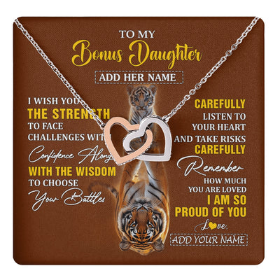 Interlocking Hearts Necklace Stainless Steel & Rose Gold Finish | 1 | Personalized To My Bonus Daughter Gifts Necklace From Godfather I Wish You The Strength Tiger Bonus Daughter Birthday Gifts Christmas Gift Box Message Card | https://teecentury.