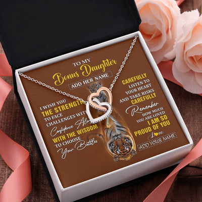 Interlocking Hearts Necklace Stainless Steel & Rose Gold Finish | 2 | Personalized To My Bonus Daughter Gifts Necklace From Godfather I Wish You The Strength Tiger Bonus Daughter Birthday Gifts Christmas Gift Box Message Card | https://teecentury.