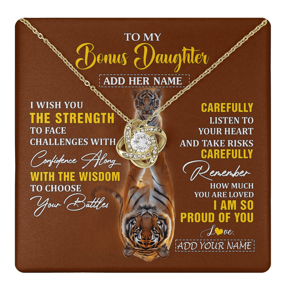 Love Knot Necklace 18K Yellow Gold Finish | 1 | Personalized To My Bonus Daughter Gifts Necklace From Godfather I Wish You The Strength Tiger Bonus Daughter Birthday Gifts Christmas Gift Box Message Card | https://teecentury.