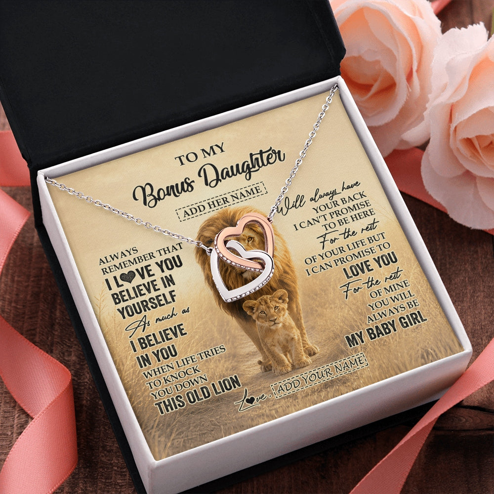 Interlocking Hearts Necklace Stainless Steel & Rose Gold Finish | 2 | Personalized To My Bonus Daughter Gifts Necklace From Stepdad Always Remember Lion Gifts For Stepdaughter Birthday Graduation Christmas Gift Box Message Card | https://teecentury.
