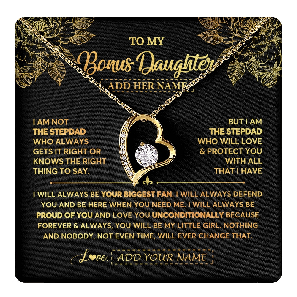 Forever Love Necklace 18K Yellow Gold Finish | 1 | Personalized To My Bonus Daughter Gifts Necklace From Stepdad Meaningful Family Jewelry Birthday Gifts For Stepdaughter Christmas Custom Gift Box Message Card | https://teecentury.