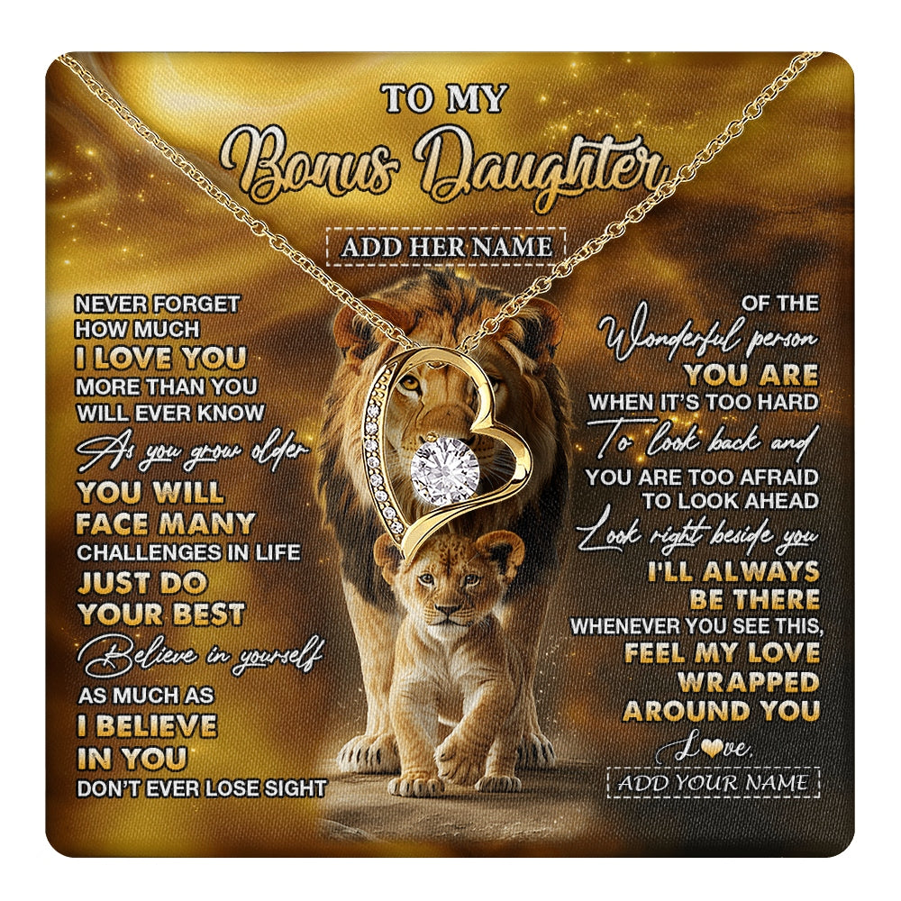 Forever Love Necklace 18K Yellow Gold Finish | 1 | Personalized To My Bonus Daughter Gifts Necklace From Stepdad Never Forget How Much I Love You Lion Stepdaughter Birthday Gifts Christmas Gift Box Message Card | https://teecentury.