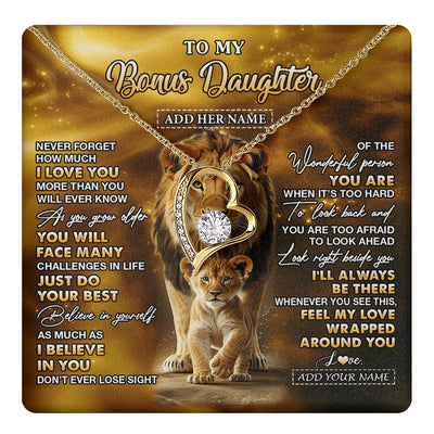 Forever Love Necklace 18K Yellow Gold Finish | 1 | Personalized To My Bonus Daughter Gifts Necklace From Stepdad Never Forget How Much I Love You Lion Stepdaughter Birthday Gifts Christmas Gift Box Message Card | https://teecentury.