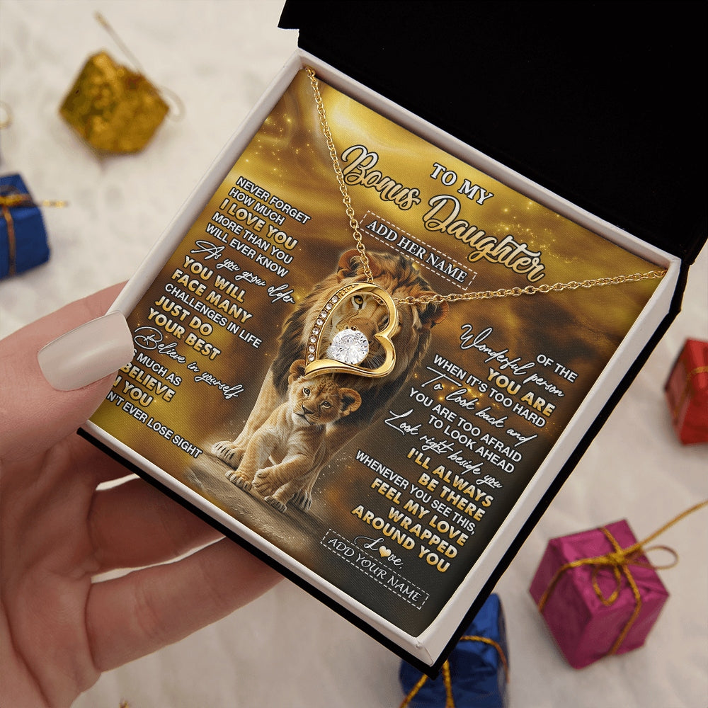 Forever Love Necklace 18K Yellow Gold Finish | 2 | Personalized To My Bonus Daughter Gifts Necklace From Stepdad Never Forget How Much I Love You Lion Stepdaughter Birthday Gifts Christmas Gift Box Message Card | https://teecentury.