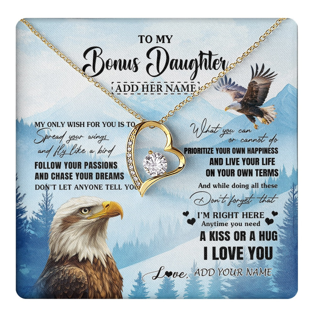 Forever Love Necklace 18K Yellow Gold Finish | 1 | Personalized To My Bonus Daughter Gifts Necklace From Stepdad Stepmom Eagle My Only Wish For You Stepdaughter Birthday Gifts Christmas Gift Box Message Card | teecentury.myshopify