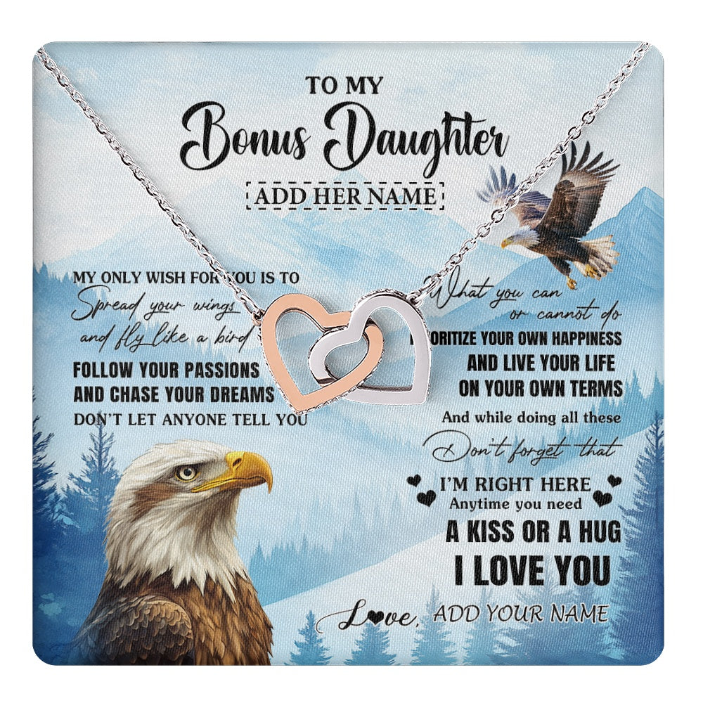 Interlocking Hearts Necklace Stainless Steel & Rose Gold Finish | 1 | Personalized To My Bonus Daughter Gifts Necklace From Stepdad Stepmom Eagle My Only Wish For You Stepdaughter Birthday Gifts Christmas Gift Box Message Card | teecentury.myshopify