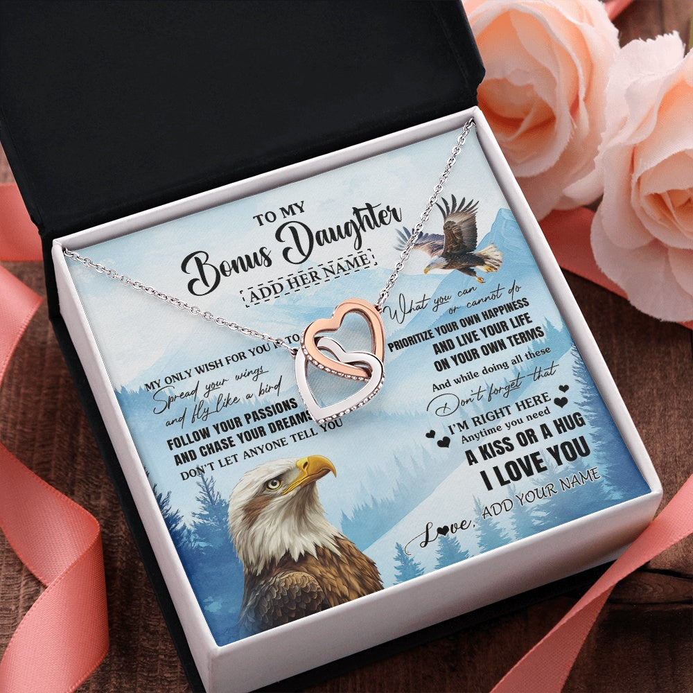Interlocking Hearts Necklace Stainless Steel & Rose Gold Finish | 2 | Personalized To My Bonus Daughter Gifts Necklace From Stepdad Stepmom Eagle My Only Wish For You Stepdaughter Birthday Gifts Christmas Gift Box Message Card | teecentury.myshopify