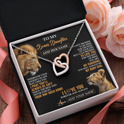 Interlocking Hearts Necklace Stainless Steel & Rose Gold Finish | 2 | Personalized To My Bonus Daughter Gifts Necklace From Stepdad Wherever Your Journey In Life Lion Stepdaughter Birthday Gifts Christmas Gift Box Message Card | https://teecentury.
