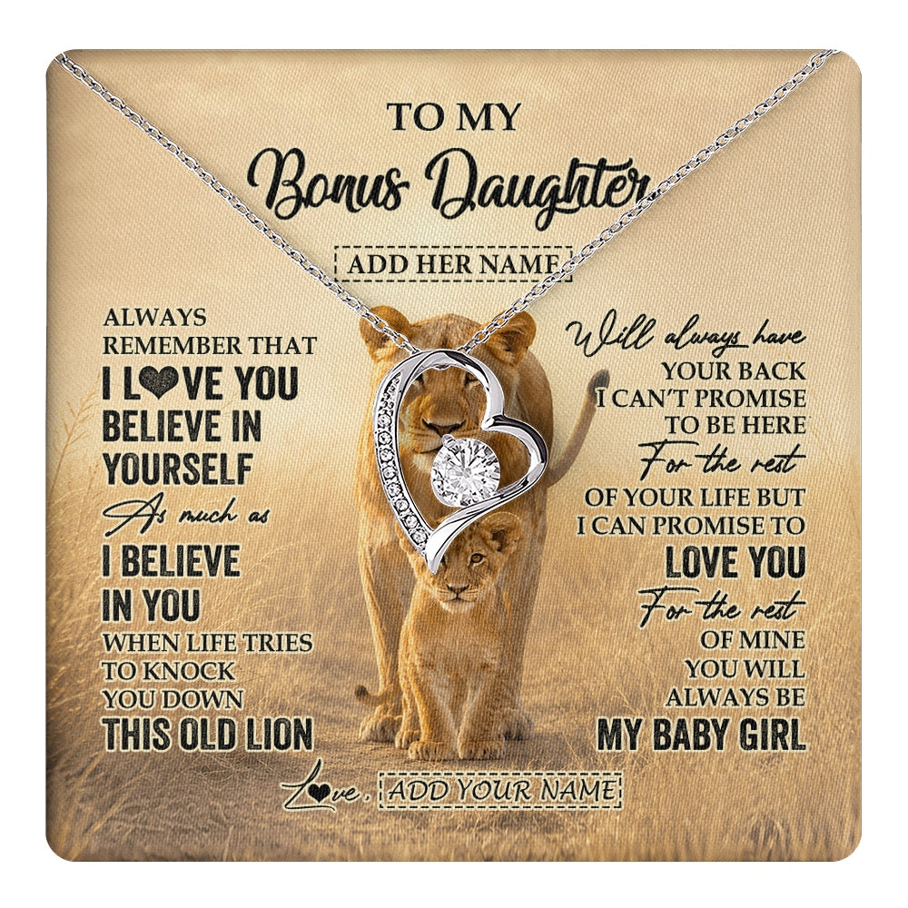 Forever Love Necklace 14K White Gold Finish | 1 | Personalized To My Bonus Daughter Gifts Necklace From Stepmom Always Remember Lion Gifts For Stepdaughter Birthday Graduation Christmas Gift Box Message Card | https://teecentury.