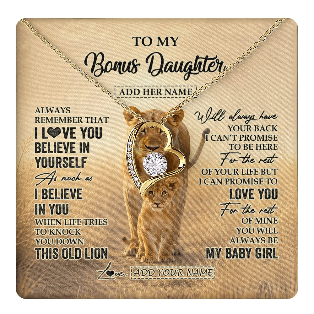 Forever Love Necklace 18K Yellow Gold Finish | 1 | Personalized To My Bonus Daughter Gifts Necklace From Stepmom Always Remember Lion Gifts For Stepdaughter Birthday Graduation Christmas Gift Box Message Card | https://teecentury.