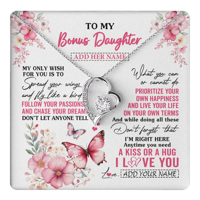 Forever Love Necklace 14K White Gold Finish | 1 | Personalized To My Bonus Daughter Gifts Necklace From Stepmom Butterfly My Only Wish For You Stepdaughter Birthday Gifts Christmas Gift Box Message Card | teecentury.myshopify
