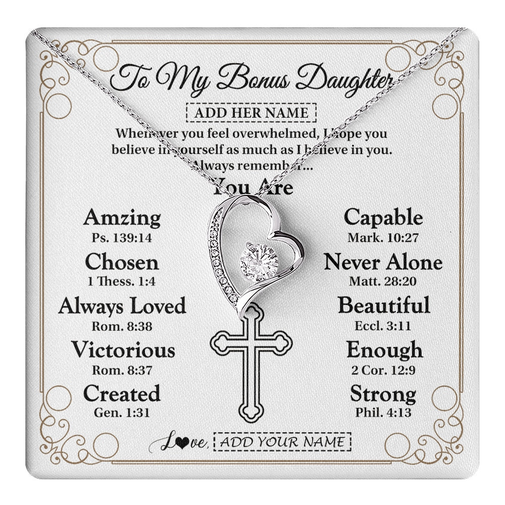 Forever Love Necklace 14K White Gold Finish | 1 | Personalized To My Bonus Daughter Gifts Necklace From Stepmom Christ Christian Gifts For Stepdaughter Birthday Christmas Graduation Gift Box Message Card | https://teecentury.