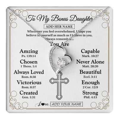 Forever Love Necklace 14K White Gold Finish | 1 | Personalized To My Bonus Daughter Gifts Necklace From Stepmom Christ Christian Gifts For Stepdaughter Birthday Christmas Graduation Gift Box Message Card | https://teecentury.