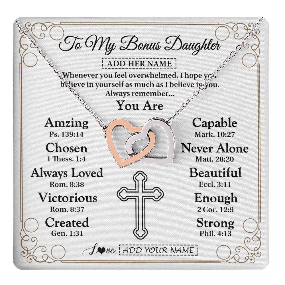 Interlocking Hearts Necklace Stainless Steel & Rose Gold Finish | 1 | Personalized To My Bonus Daughter Gifts Necklace From Stepmom Christ Christian Gifts For Stepdaughter Birthday Christmas Graduation Gift Box Message Card | https://teecentury.