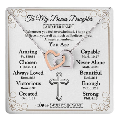 Interlocking Hearts Necklace Stainless Steel & Rose Gold Finish | 1 | Personalized To My Bonus Daughter Gifts Necklace From Stepmom Christ Christian Gifts For Stepdaughter Birthday Christmas Graduation Gift Box Message Card | https://teecentury.