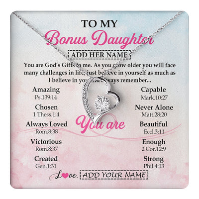 Forever Love Necklace 14K White Gold Finish | 1 | Personalized To My Bonus Daughter Gifts Necklace From Stepmom Christian Religious Jewelry Gifts For Stepdaughter Birthday Christmas Gift Box Message Card | https://teecentury.