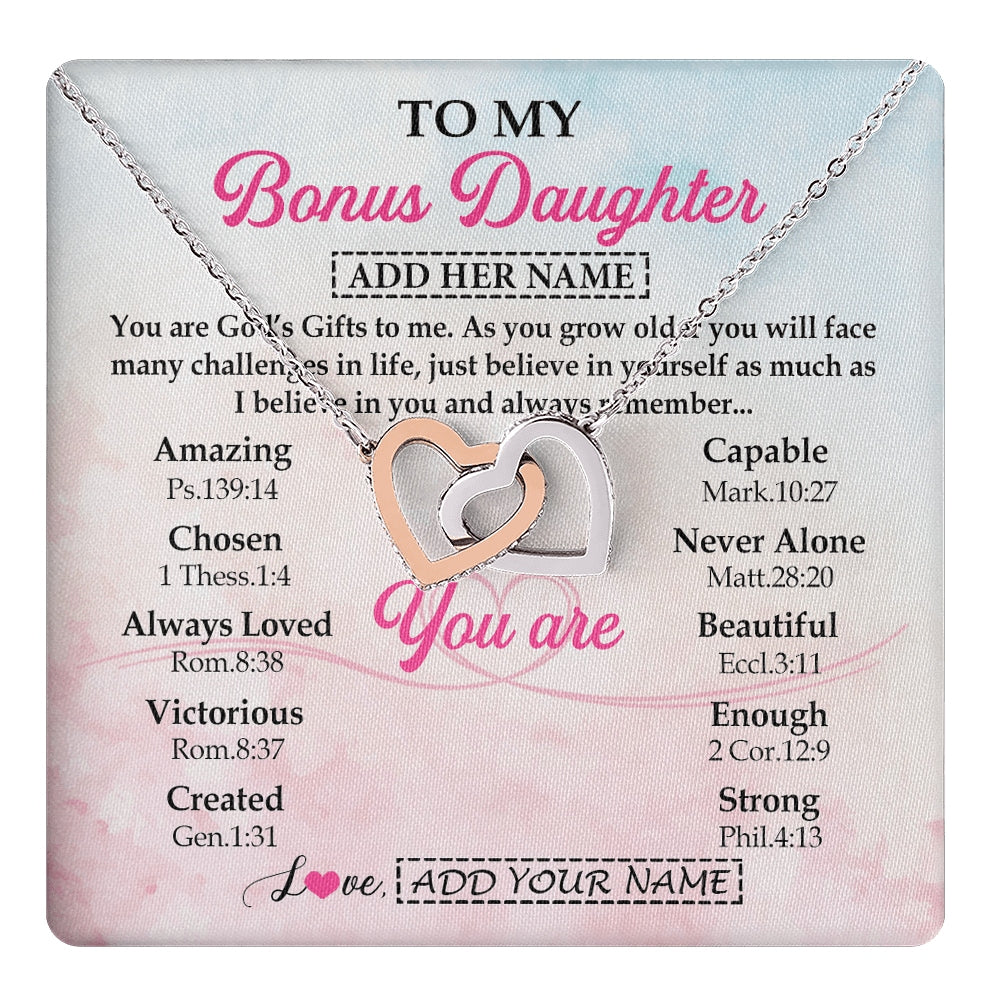 Interlocking Hearts Necklace Stainless Steel & Rose Gold Finish | 1 | Personalized To My Bonus Daughter Gifts Necklace From Stepmom Christian Religious Jewelry Gifts For Stepdaughter Birthday Christmas Gift Box Message Card | https://teecentury.