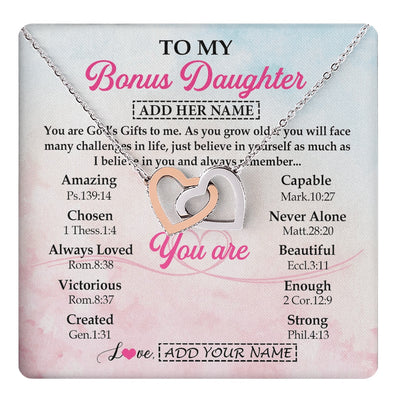 Interlocking Hearts Necklace Stainless Steel & Rose Gold Finish | 1 | Personalized To My Bonus Daughter Gifts Necklace From Stepmom Christian Religious Jewelry Gifts For Stepdaughter Birthday Christmas Gift Box Message Card | https://teecentury.