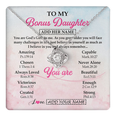 Love Knot Necklace 14K White Gold Finish | 1 | Personalized To My Bonus Daughter Gifts Necklace From Stepmom Christian Religious Jewelry Gifts For Stepdaughter Birthday Christmas Gift Box Message Card | https://teecentury.