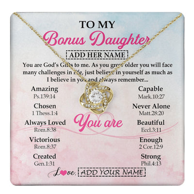 Love Knot Necklace 18K Yellow Gold Finish | 1 | Personalized To My Bonus Daughter Gifts Necklace From Stepmom Christian Religious Jewelry Gifts For Stepdaughter Birthday Christmas Gift Box Message Card | https://teecentury.
