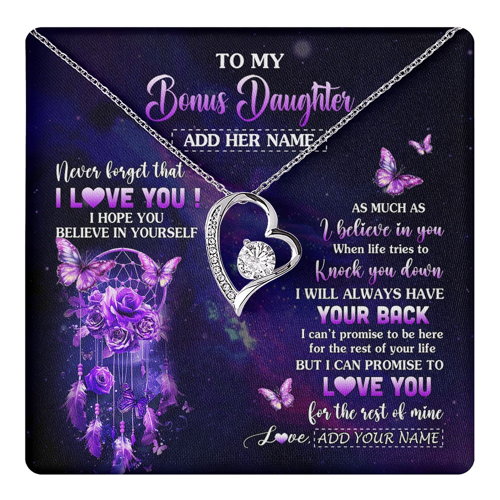 Forever Love Necklace 14K White Gold Finish | 1 | Personalized To My Bonus Daughter Gifts Necklace From Stepmom Floral Butterfly Love You Stepdaughter Birthday Gifts Graduation Christmas Gift Box Message Card | https://teecentury.