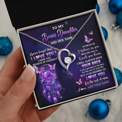 Forever Love Necklace 14K White Gold Finish | 2 | Personalized To My Bonus Daughter Gifts Necklace From Stepmom Floral Butterfly Love You Stepdaughter Birthday Gifts Graduation Christmas Gift Box Message Card | https://teecentury.