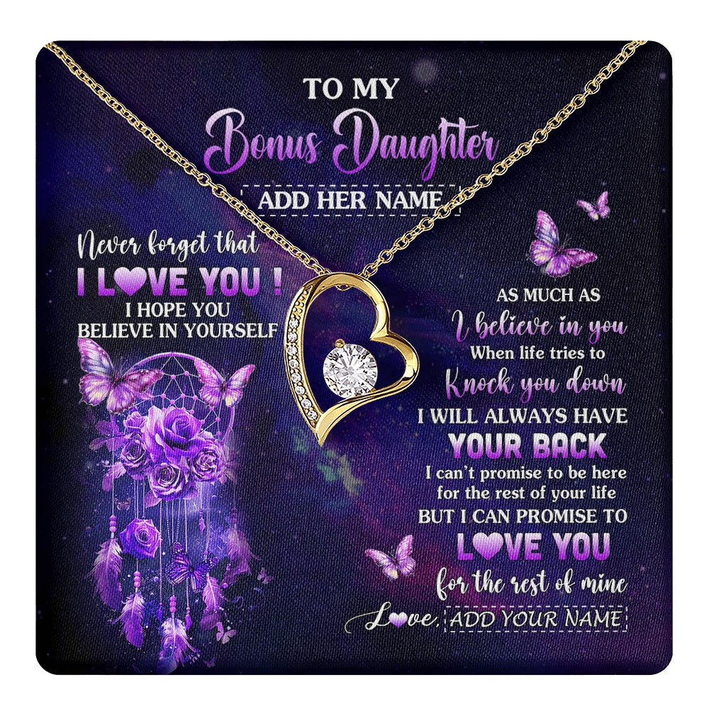 Forever Love Necklace 18K Yellow Gold Finish | 1 | Personalized To My Bonus Daughter Gifts Necklace From Stepmom Floral Butterfly Love You Stepdaughter Birthday Gifts Graduation Christmas Gift Box Message Card | https://teecentury.