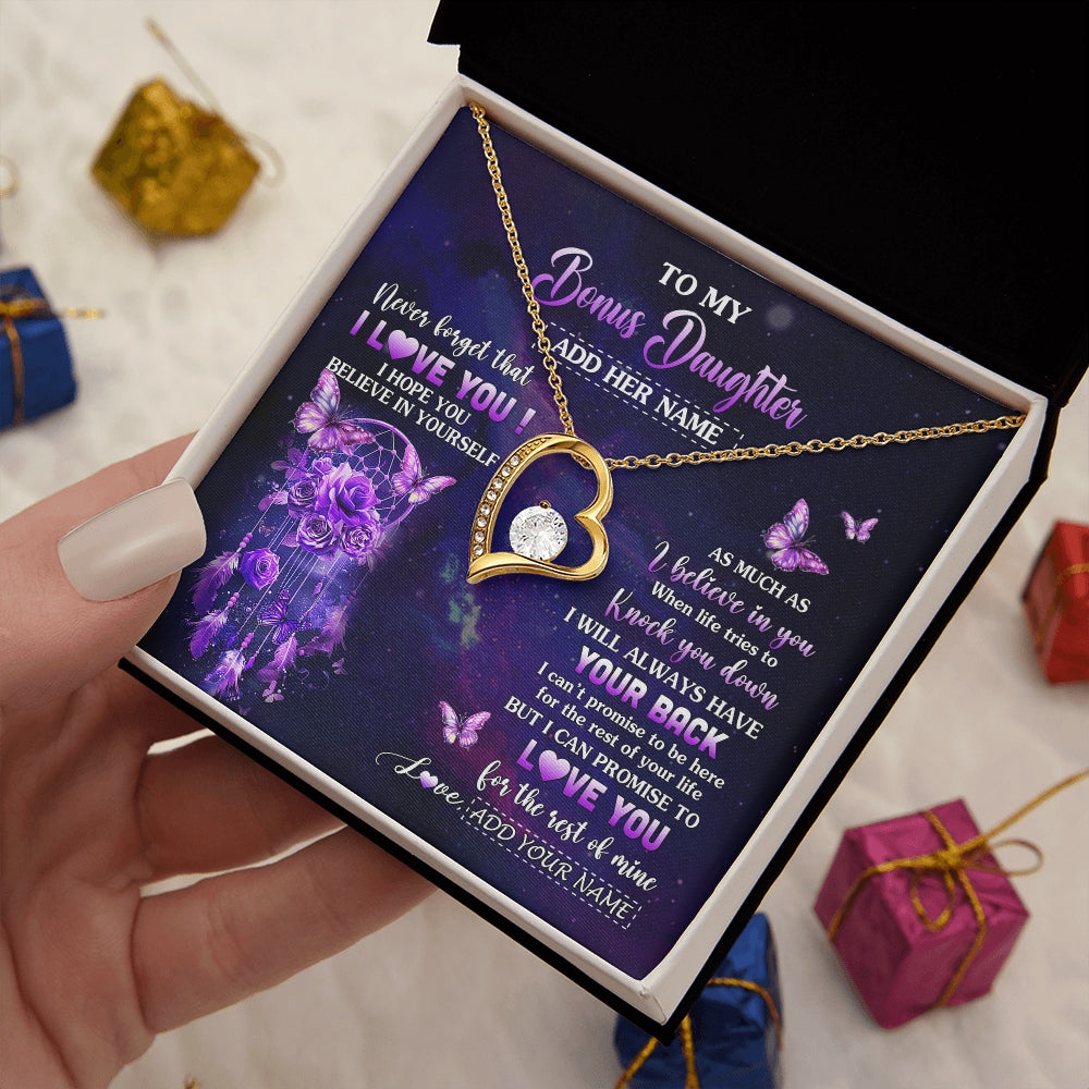 Forever Love Necklace 18K Yellow Gold Finish | 2 | Personalized To My Bonus Daughter Gifts Necklace From Stepmom Floral Butterfly Love You Stepdaughter Birthday Gifts Graduation Christmas Gift Box Message Card | https://teecentury.