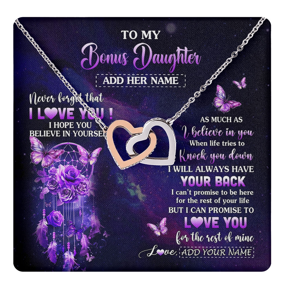 Interlocking Hearts Necklace Stainless Steel & Rose Gold Finish | 1 | Personalized To My Bonus Daughter Gifts Necklace From Stepmom Floral Butterfly Love You Stepdaughter Birthday Gifts Graduation Christmas Gift Box Message Card | https://teecentury.
