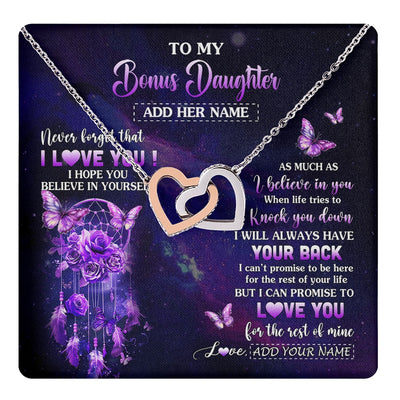 Interlocking Hearts Necklace Stainless Steel & Rose Gold Finish | 1 | Personalized To My Bonus Daughter Gifts Necklace From Stepmom Floral Butterfly Love You Stepdaughter Birthday Gifts Graduation Christmas Gift Box Message Card | https://teecentury.