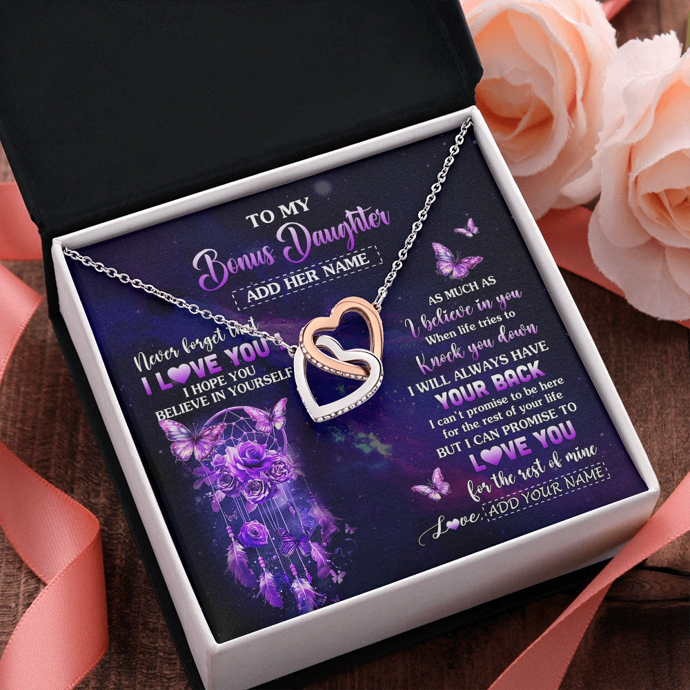 Interlocking Hearts Necklace Stainless Steel & Rose Gold Finish | 2 | Personalized To My Bonus Daughter Gifts Necklace From Stepmom Floral Butterfly Love You Stepdaughter Birthday Gifts Graduation Christmas Gift Box Message Card | https://teecentury.
