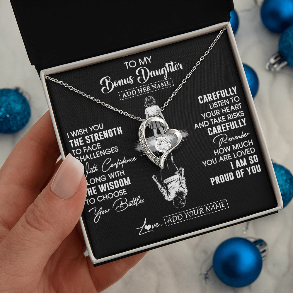 Forever Love Necklace 14K White Gold Finish | 2 | Personalized To My Bonus Daughter Gifts Necklace From Stepmom I Wish You The Strength Stepdaughter Birthday Gifts Christmas Graduation Custom Gift Box Message Card | https://teecentury.