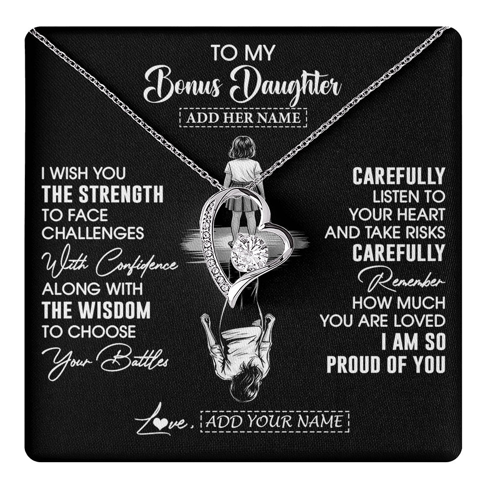 Forever Love Necklace 14K White Gold Finish | 1 | Personalized To My Bonus Daughter Gifts Necklace From Stepmom I Wish You The Strength Stepdaughter Birthday Gifts Christmas Graduation Custom Gift Box Message Card | https://teecentury.