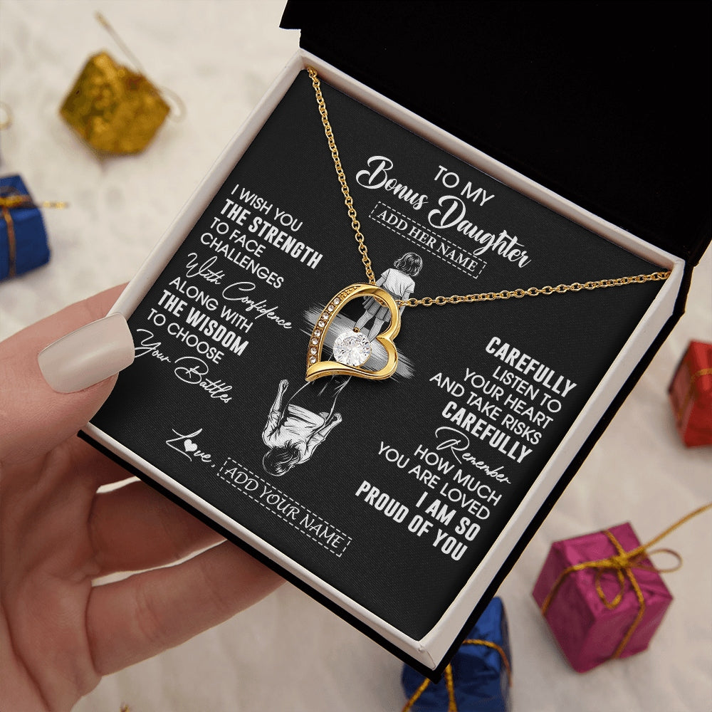 Forever Love Necklace 18K Yellow Gold Finish | 2 | Personalized To My Bonus Daughter Gifts Necklace From Stepmom I Wish You The Strength Stepdaughter Birthday Gifts Christmas Graduation Custom Gift Box Message Card | https://teecentury.