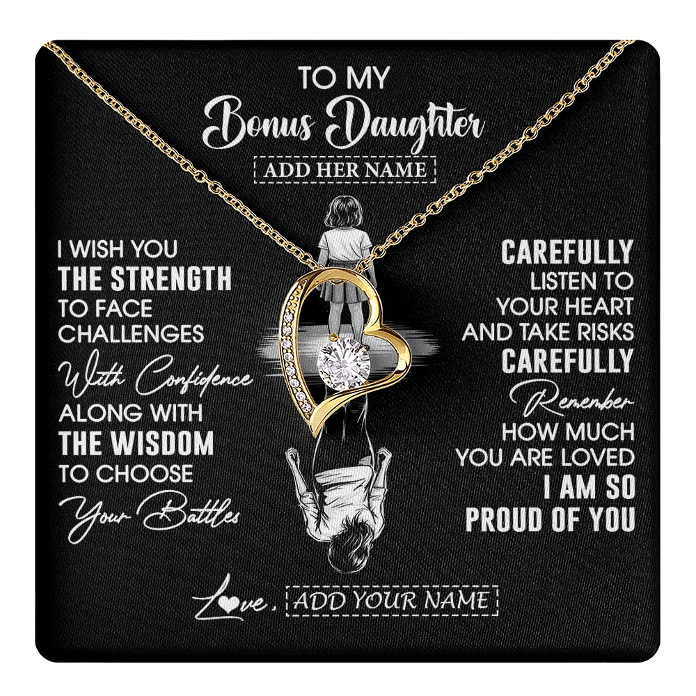 Forever Love Necklace 18K Yellow Gold Finish | 1 | Personalized To My Bonus Daughter Gifts Necklace From Stepmom I Wish You The Strength Stepdaughter Birthday Gifts Christmas Graduation Custom Gift Box Message Card | https://teecentury.