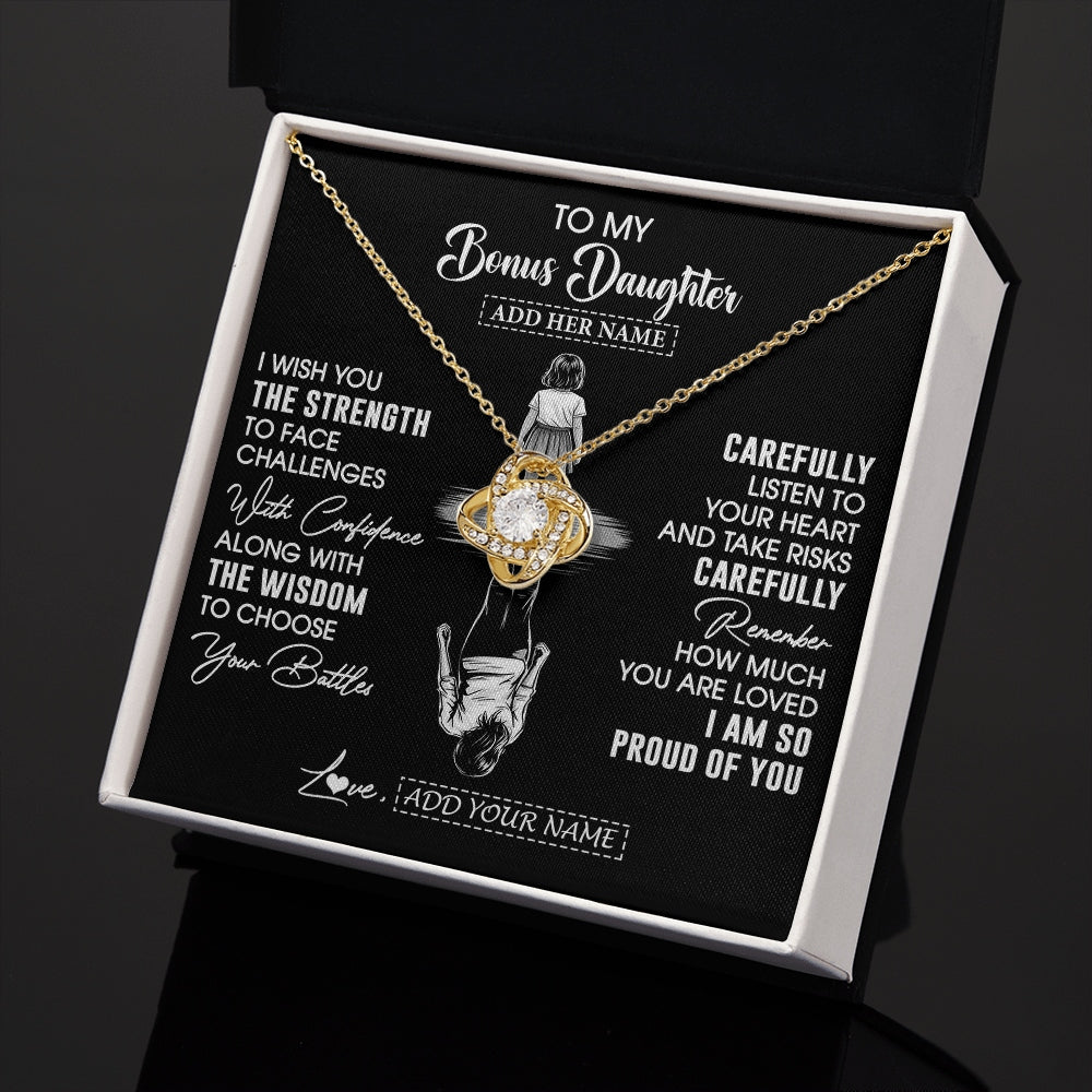 Love Knot Necklace 18K Yellow Gold Finish | 2 | Personalized To My Bonus Daughter Gifts Necklace From Stepmom I Wish You The Strength Stepdaughter Birthday Gifts Christmas Graduation Custom Gift Box Message Card | https://teecentury.
