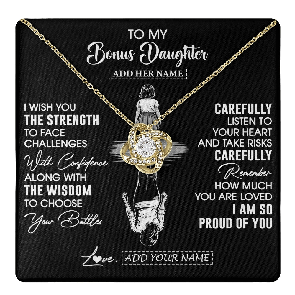 Love Knot Necklace 18K Yellow Gold Finish | 1 | Personalized To My Bonus Daughter Gifts Necklace From Stepmom I Wish You The Strength Stepdaughter Birthday Gifts Christmas Graduation Custom Gift Box Message Card | https://teecentury.